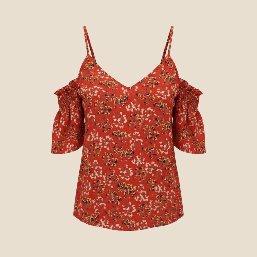 Sienna Sky Women's Medium Red Floral Cold Shoulder Flutter Sleeve Blouse Top